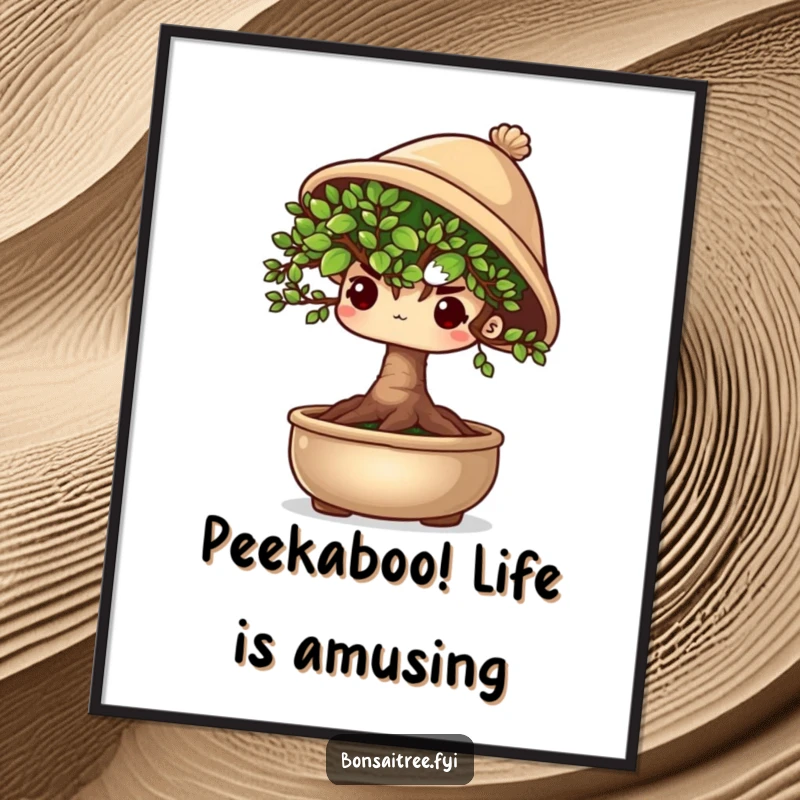Funny Free Printable Wall Art: A shy bonsai tree character hiding under its tiny hat, peeking out with big, innocent eyes.