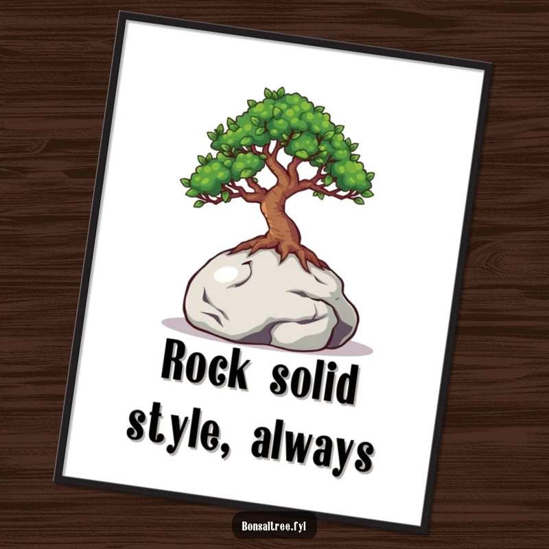 Funny Free Printable Wall Art: A bonsai tree with wide, curious eyes peeks out from behind a miniature rock, creating a whimsical scene.