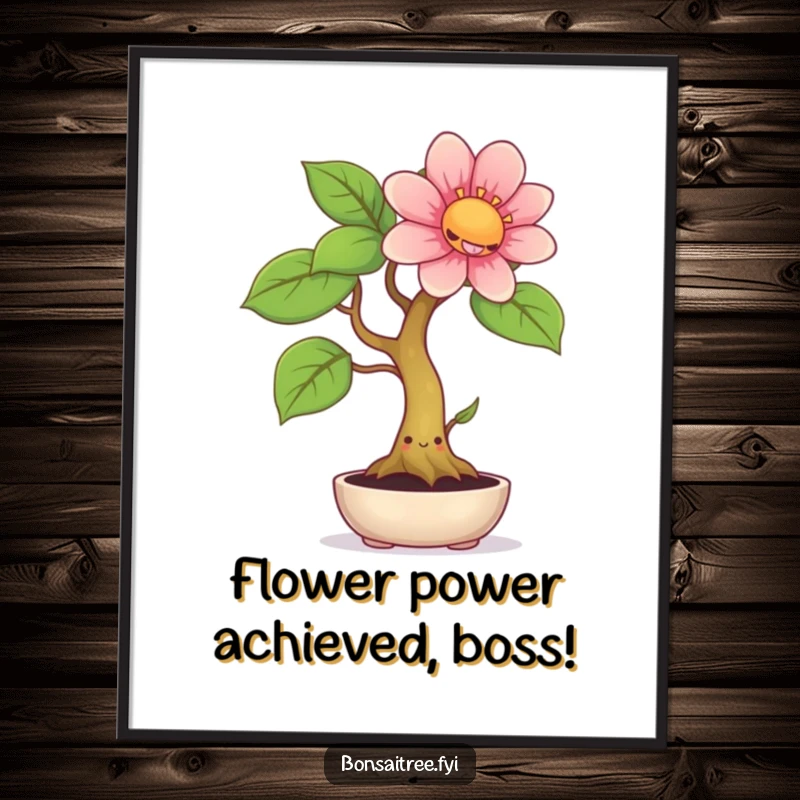 Funny Free Printable Wall Art: A happy bonsai tree smiles as it sprouts a comically large and vibrant flower, bringing joy.