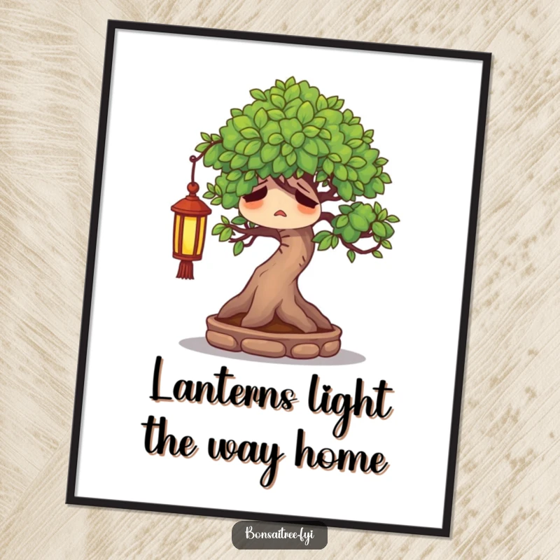 Funny Free Printable Wall Art: A weary bonsai tree character resting contentedly under a tiny lantern, exuding peaceful vibes.