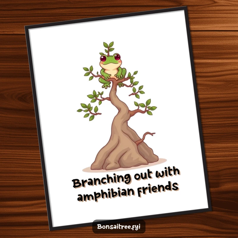 Funny Free Printable Wall Art: Playful bonsai tree balances a frog on its highest branch, a charming and humorous downloadable art piece.