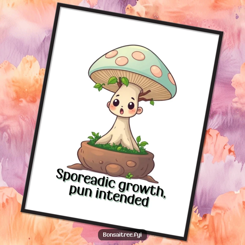 Funny Free Printable Wall Art: Surprised bonsai tree sprouts a giant mushroom, a whimsical and humorous downloadable art piece.