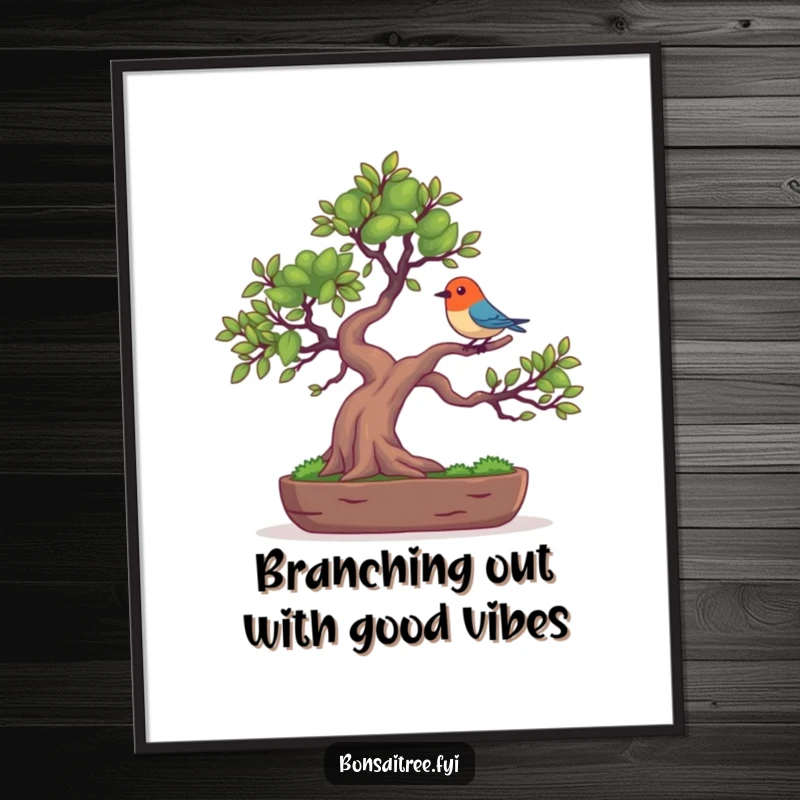 Funny Free Printable Wall Art of a bonsai tree character balancing a tiny, colorful bird on its branch with a calm smile.