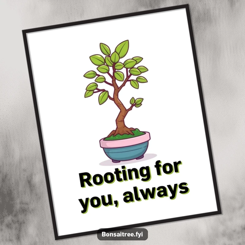 Funny Free Printable Wall Art of a smiling bonsai tree character joyfully offering a single, perfectly shaped green leaf.