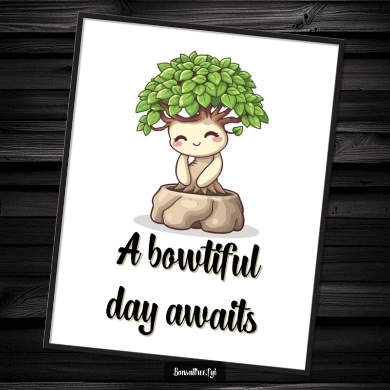 Funny Free Printable Wall Art of a bonsai tree character bowing playfully with a warm smile, radiating politeness.
