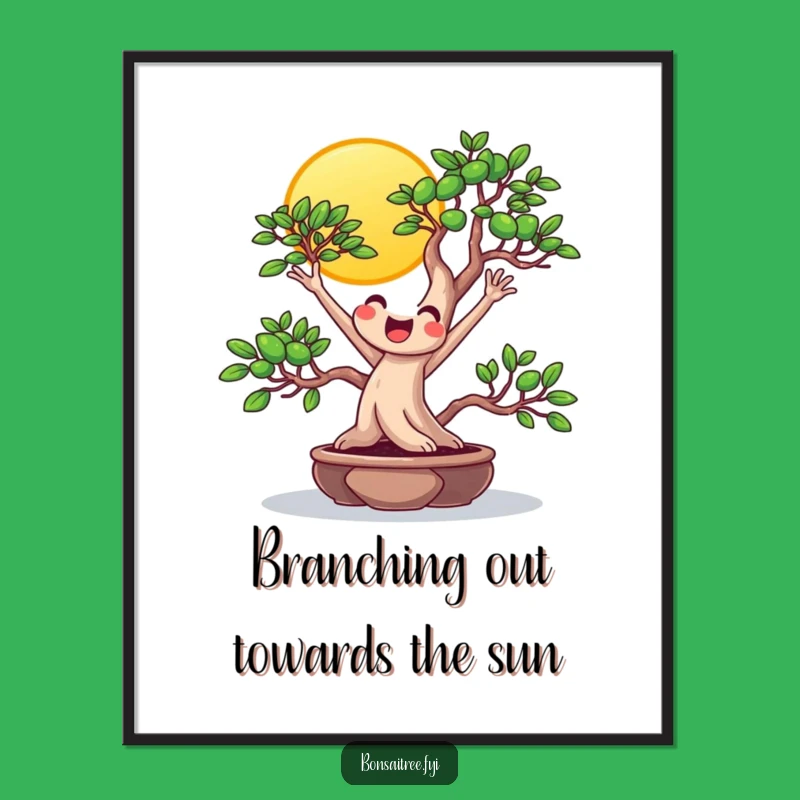 Funny Free Printable Wall Art: Beaming Bonsai Reaching for Sun, Cheerful Downloadable Decor
