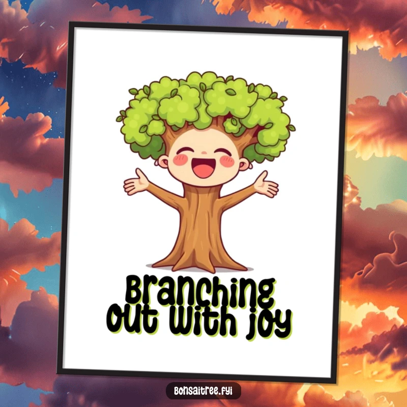 Funny Free Printable Wall Art of a miniature tree with its arms enthusiastically outstretched, cheering loudly.