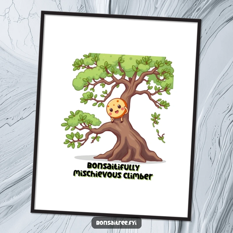 Funny Free Printable Wall Art: Goofy cookie character with a determined expression, scaling a large bonsai branch, digital art.