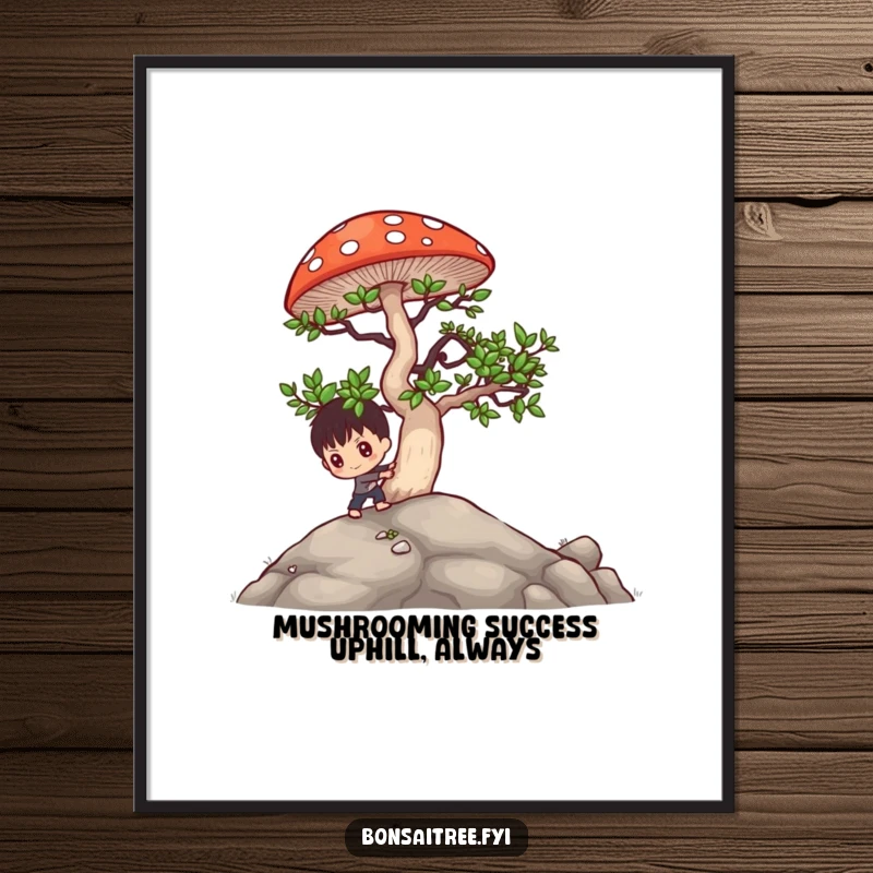 Funny Free Printable Wall Art: Tiny determined bonsai character pushing a large mushroom uphill, a humorous and motivational piece.