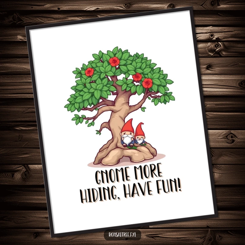 Funny Free Printable Wall Art: Mischievous bonsai character winks while cleverly hiding a tiny gnome, a humorous and playful scene.