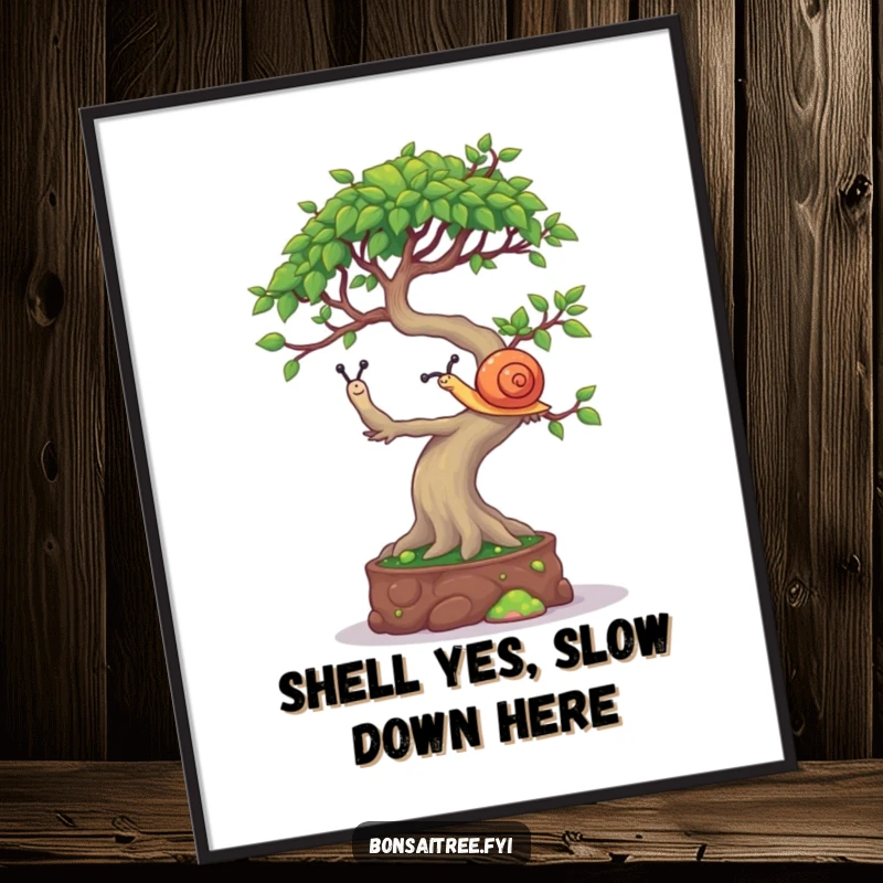 Funny Free Printable Wall Art: A mischievous bonsai tree character trying to balance a tiny snail on its canopy.