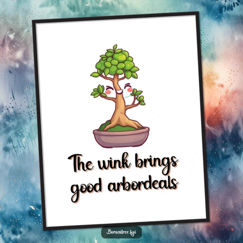 Funny Free Printable Wall Art of a tiny bonsai tree with a smiley face giving a knowing wink.