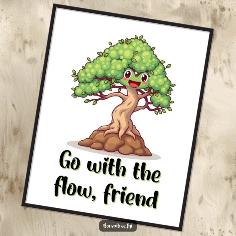 Funny Free Printable Wall Art: A happy-eyed bonsai tree is captured mid-dance, swaying gracefully in a gentle, refreshing breeze.