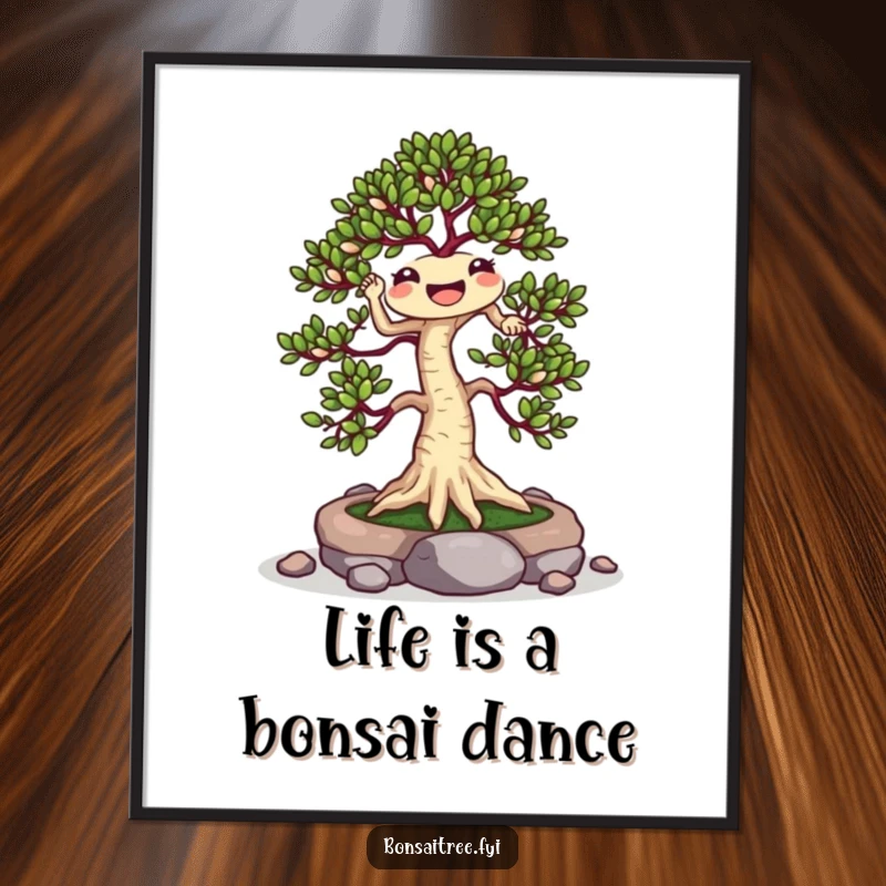 Funny Free Printable Wall Art: A cheerful bonsai tree doing a lively jig amongst small stones, bringing joy to any room.