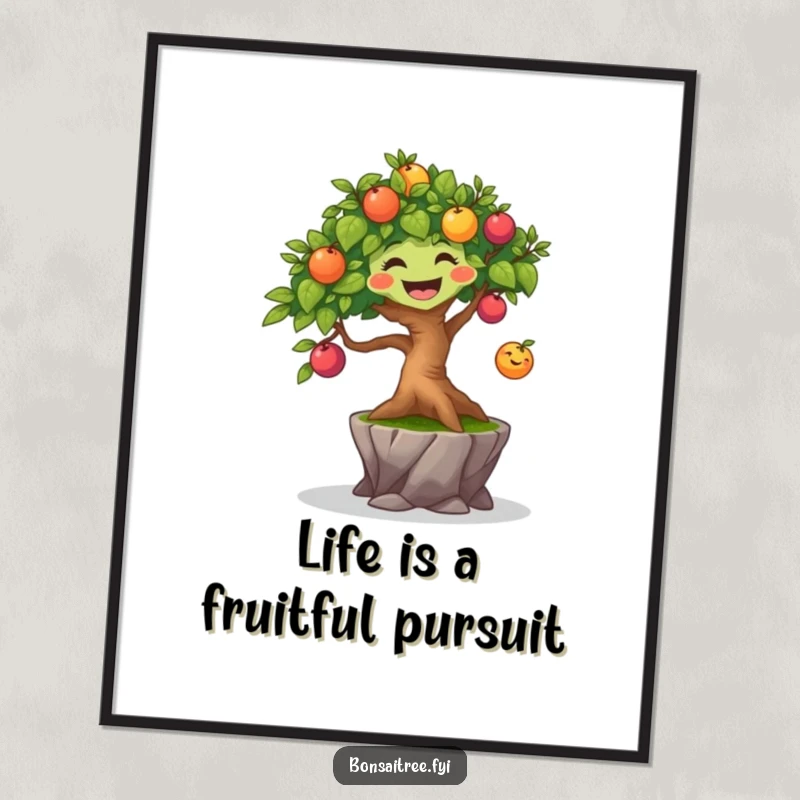 Funny Free Printable Wall Art: A joyful bonsai tree character energetically bouncing a small, colorful fruit, radiating pure happiness.