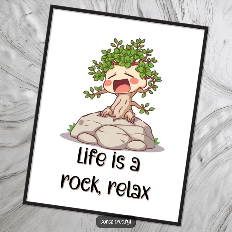 Funny Free Printable Wall Art: A tired bonsai character caught in a huge yawn while sunbathing on a rock.