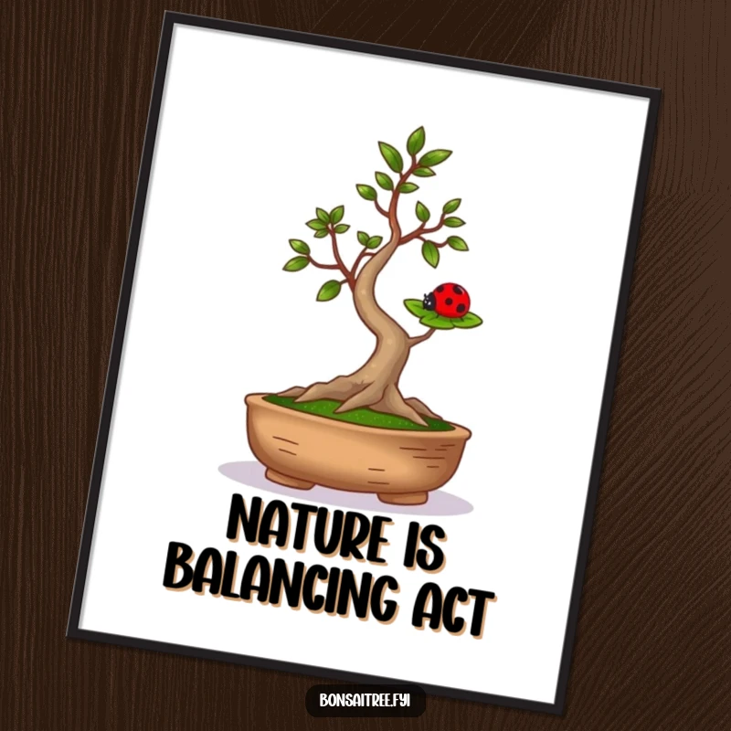 Funny Free Printable Wall Art: A whimsical bonsai tree balances a delicate ladybug on its leaf, adding charm to any room.