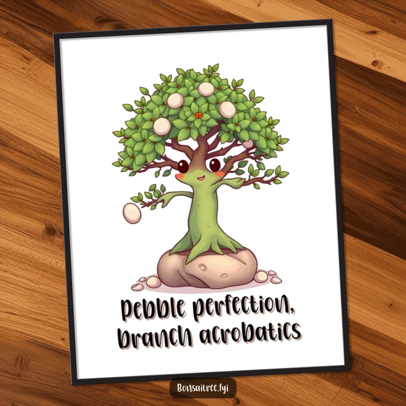 Funny Free Printable Wall Art: A bonsai tree character practicing impressive juggling with tiny pebbles.