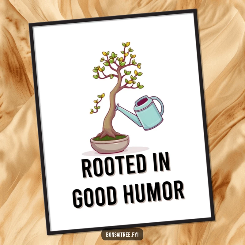 Funny Free Printable Wall Art: A tiny bonsai tree comically struggles to lift a huge watering can, full of humor.