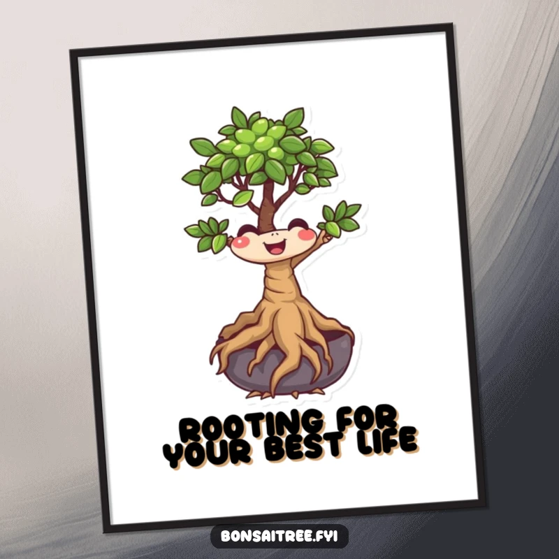 Funny Free Printable Wall Art of a tiny, smiling bonsai tree character with its roots wiggling happily, bringing a smile.