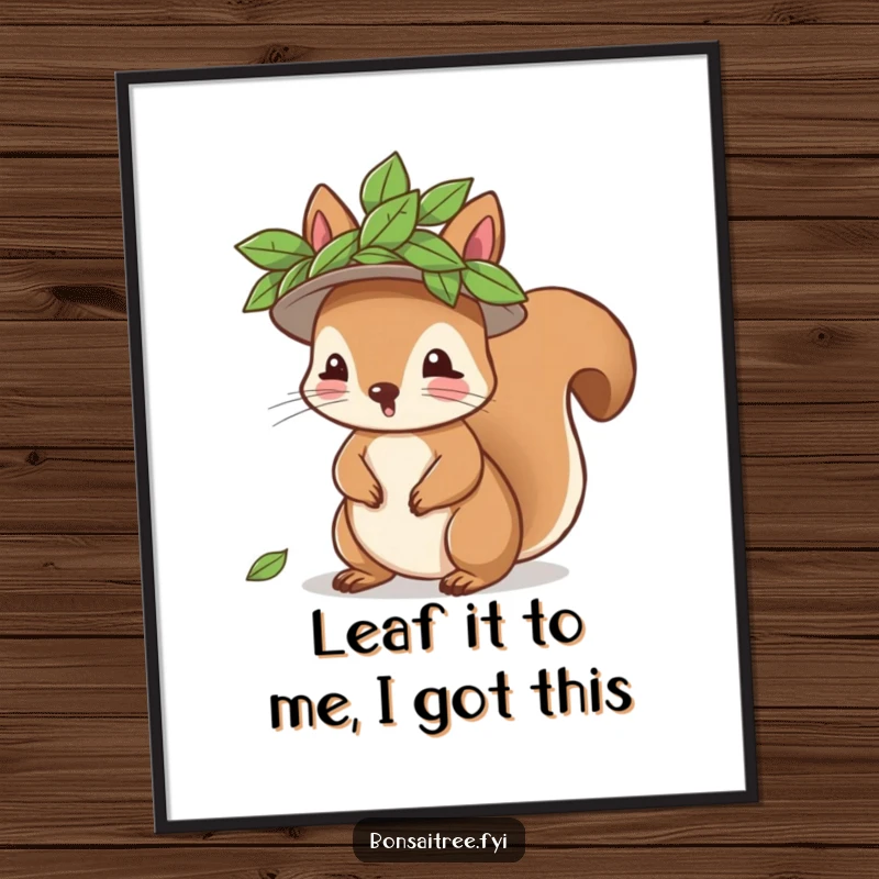 Funny Free Printable playful squirrel with a leaf hat, looking mischievous on wall art.