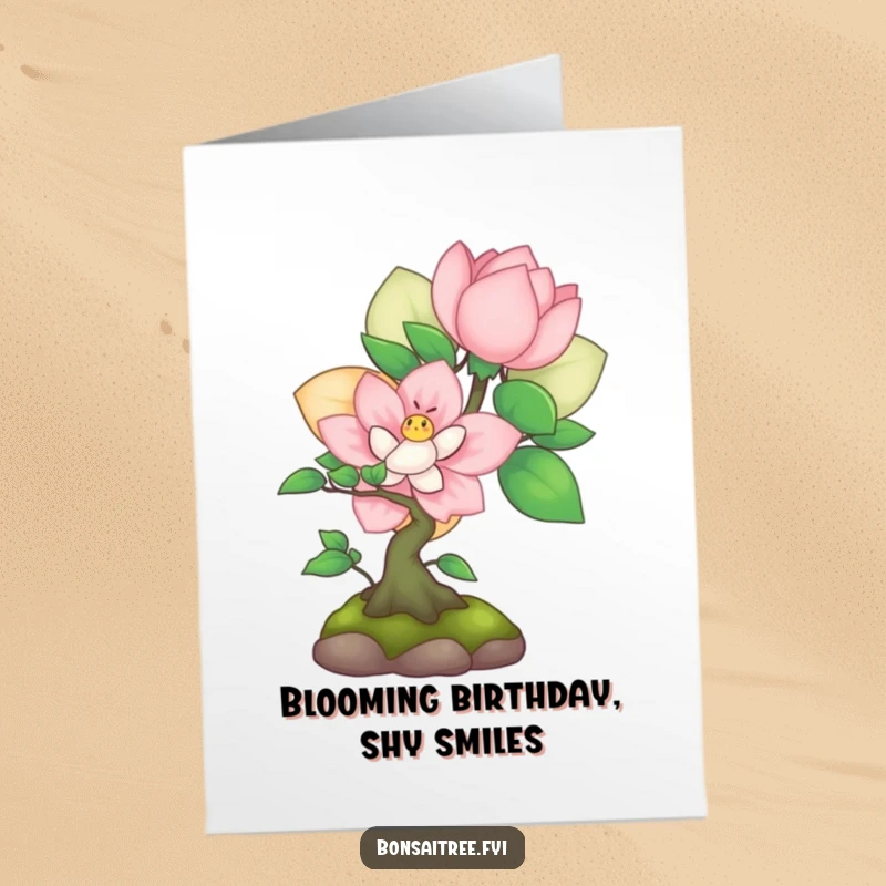 Funny Free Printable Birthday Card: Shy bonsai character peeking from behind a large blooming flower, a sweet and endearing scene.