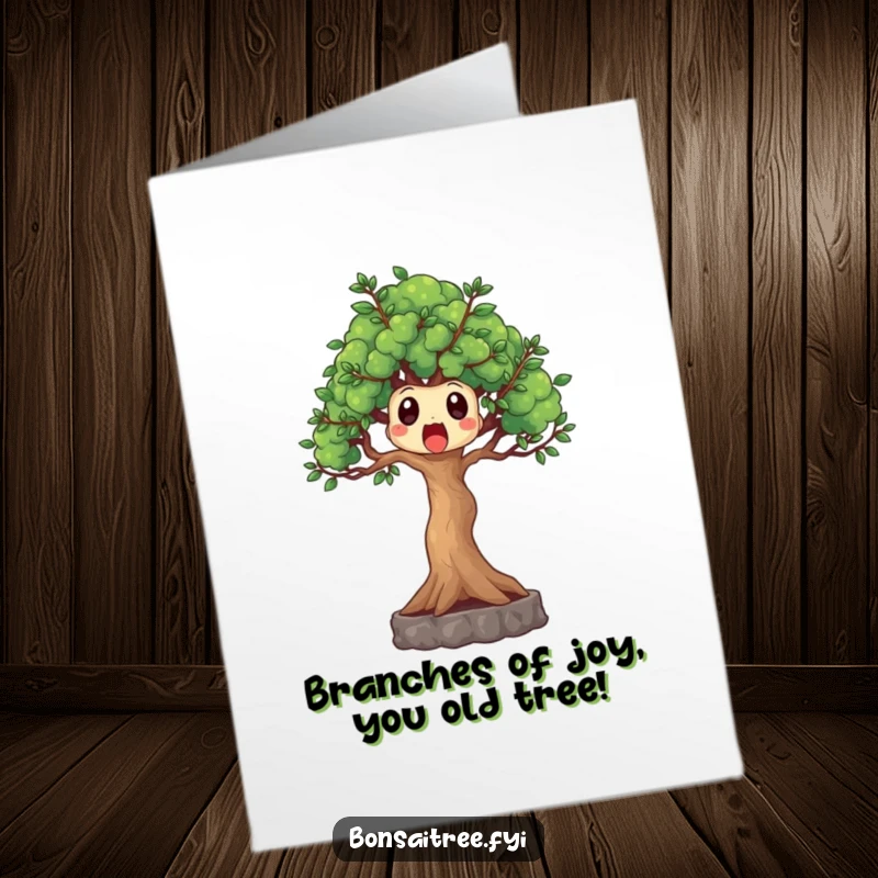Funny Free Printable Birthday Card featuring a surprised bonsai tree with wide-open branches reaching out in shock.
