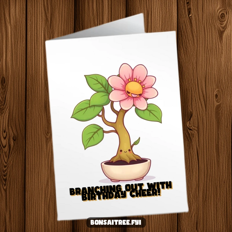 Funny Free Printable Birthday Card featuring a smiling bonsai tree sprouting an comically oversized, vibrant flower, ready for a joyous greeting.