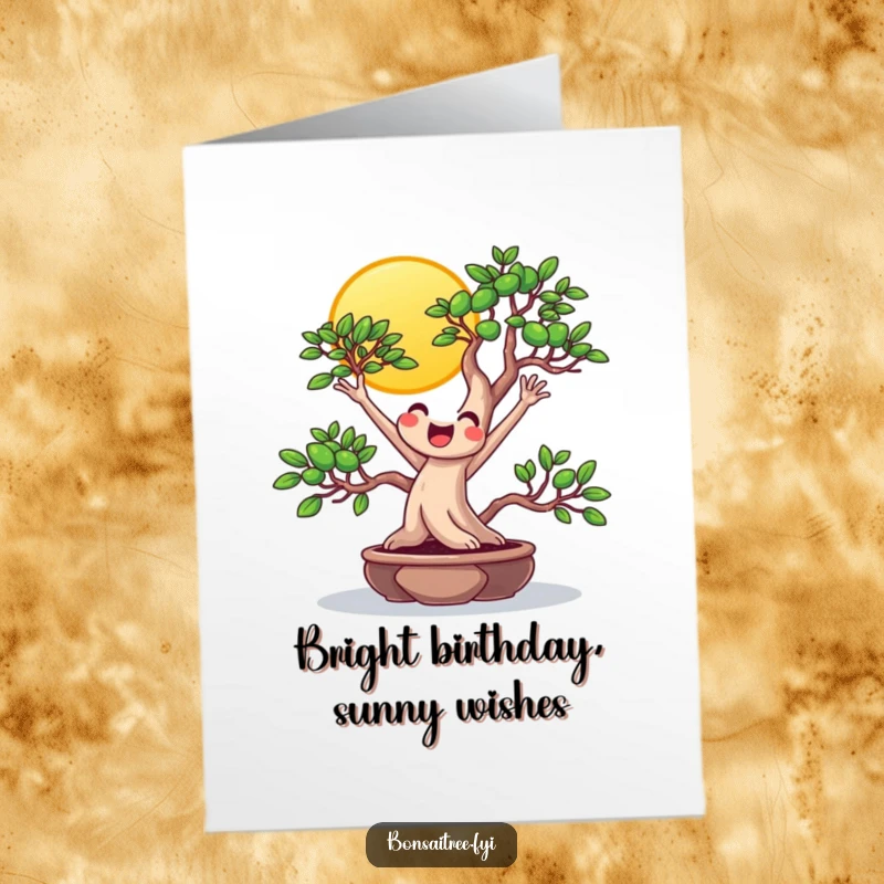 Funny Free Printable Birthday Card: Beaming bonsai character stretches branches towards a cheerful sun, radiating joy and warmth.