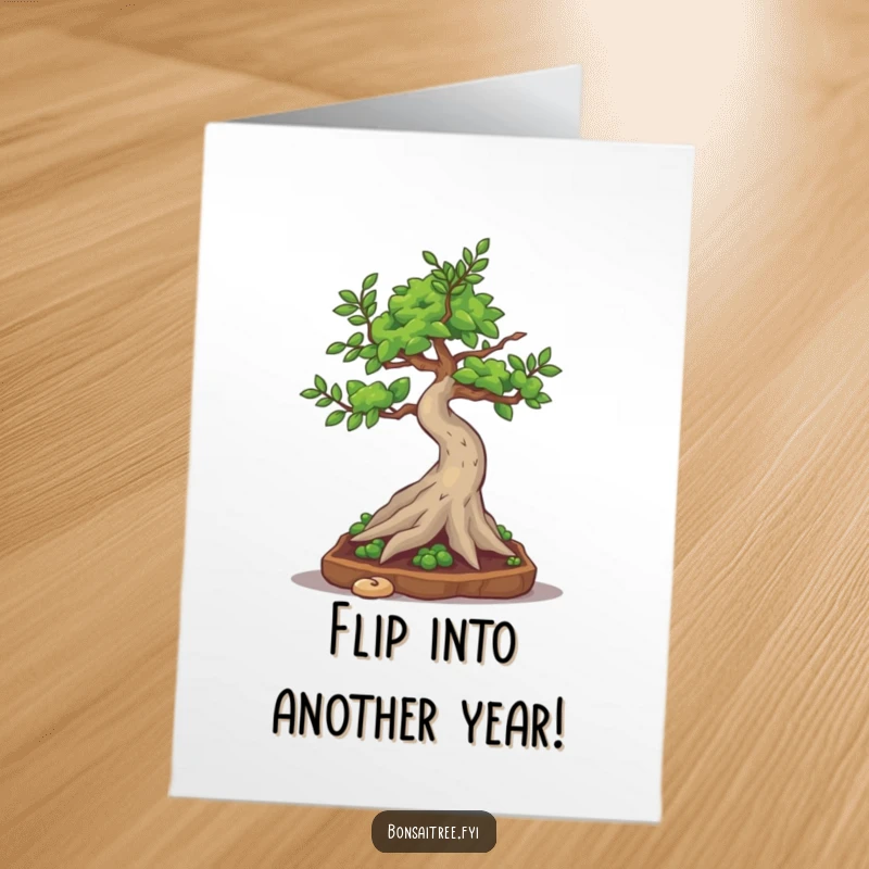 Funny Free Printable Birthday Card: A clumsy bonsai tree character in mid-somersault, looking silly and determined.