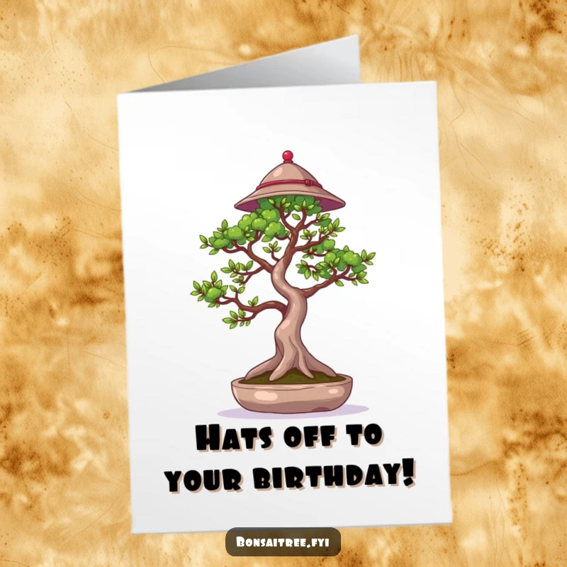 Funny Free Printable Birthday Card: A dapper bonsai tree wearing a stylish tiny hat waves a delicate branch, exuding charm.
