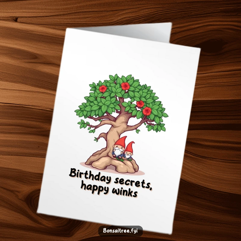 Funny Free Printable Birthday Card: Mischievous bonsai character winks while hiding a tiny gnome, a playful and cheeky birthday surprise.