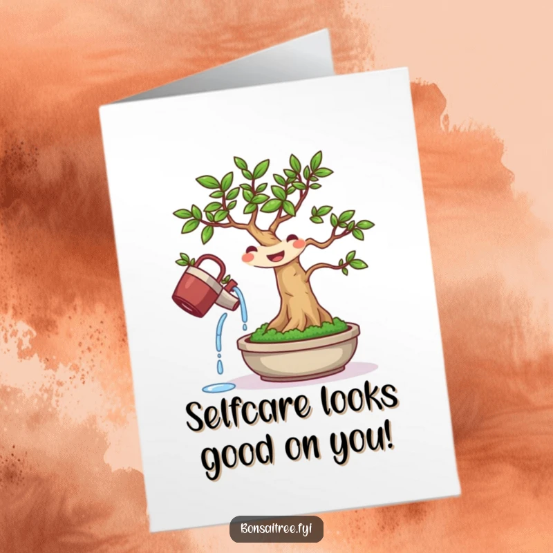 Funny Free Printable Birthday Card: Cheerful bonsai watering itself, a unique and humorous DIY gift idea.