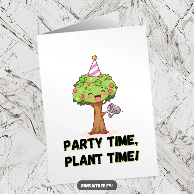 Funny Free Printable Birthday Card: A miniature bonsai in a party hat, dancing joyfully with a watering can.