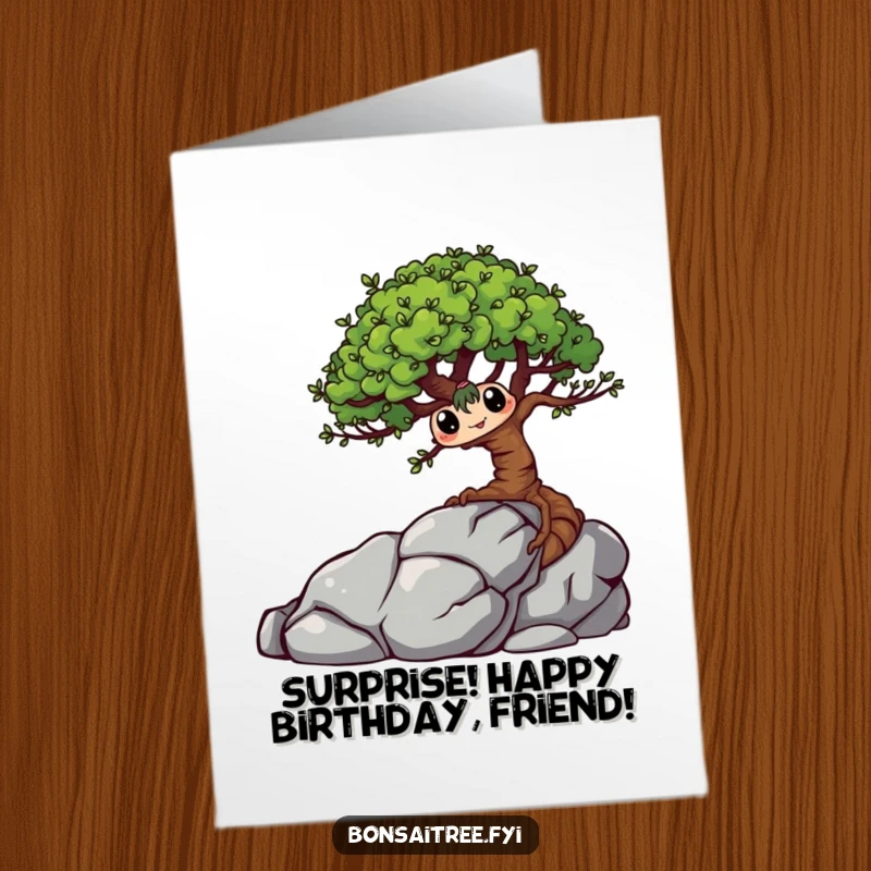 Funny Free Printable Happy Birthday Card: a mischievous bonsai tree character playfully peeking from behind a rock.
