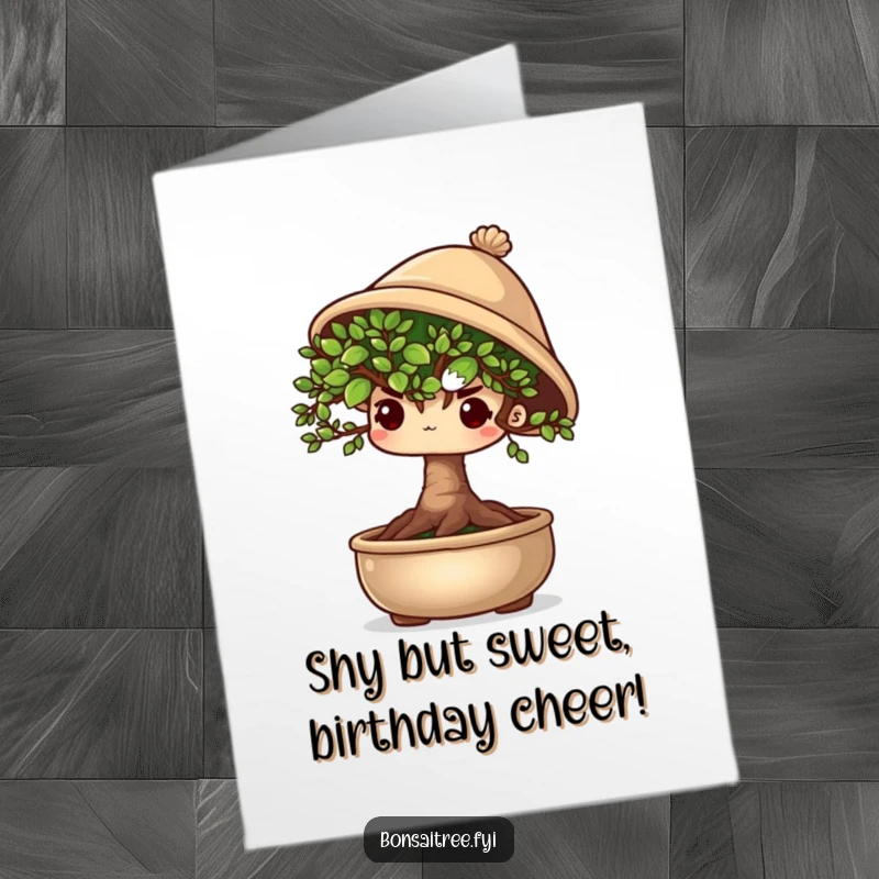 Funny Free Printable Birthday Card: Shy bonsai tree peeking out from under a tiny hat, looking bashful and cute.