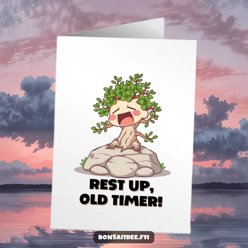 Funny Free Printable Birthday Card: A tired bonsai character yawning widely while sunbathing on a rock, hilariously relatable.