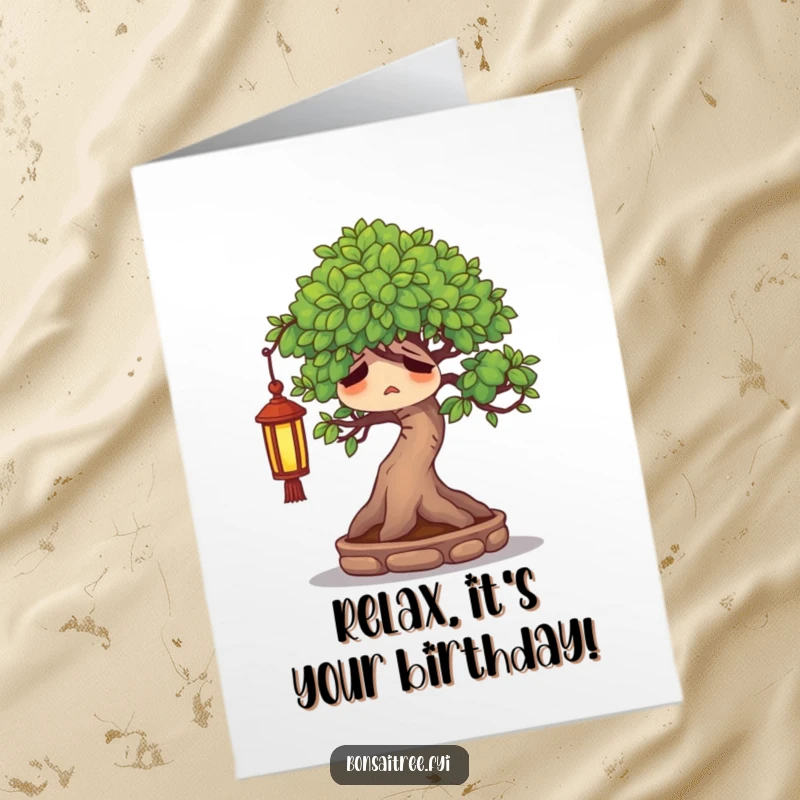 Funny Free Printable Birthday Card: A weary bonsai tree character sighing peacefully under a tiny lantern, looking relaxed.
