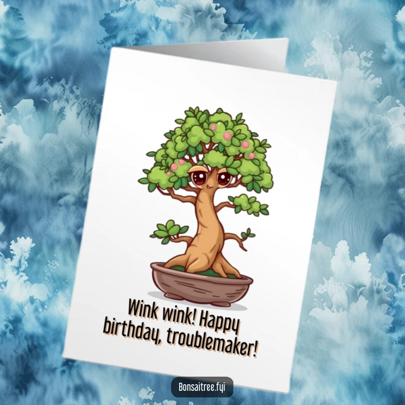 Funny Free Printable Birthday Card: A bonsai tree with mischievous eyes playfully winking, sending a cheeky birthday greeting.
