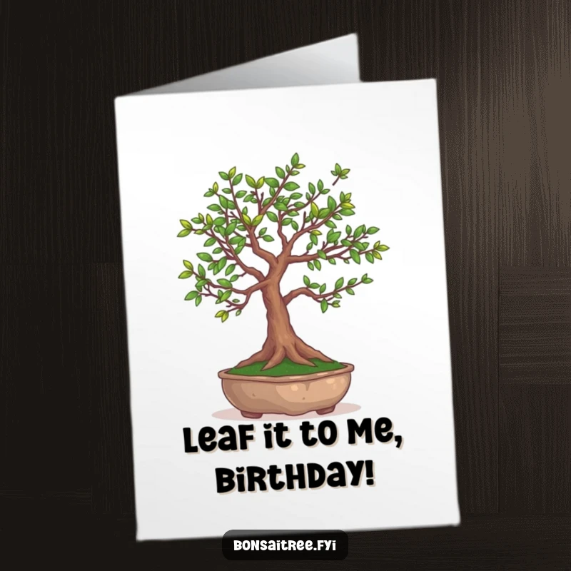 Funny Free Printable Birthday Card: A quirky bonsai tree hilariously juggling its own tiny leaves with a mischievous grin.