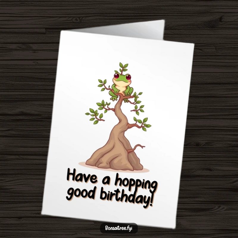 Funny Free Printable Birthday Card: Playful bonsai tree character balances a frog on its highest branch, a unique birthday wish.