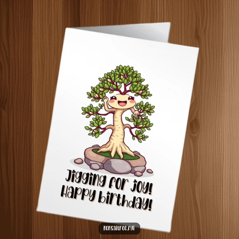 Funny Free Printable Birthday Card: A cheerful bonsai tree joyfully doing a jig amongst small stones, wishing a happy birthday.