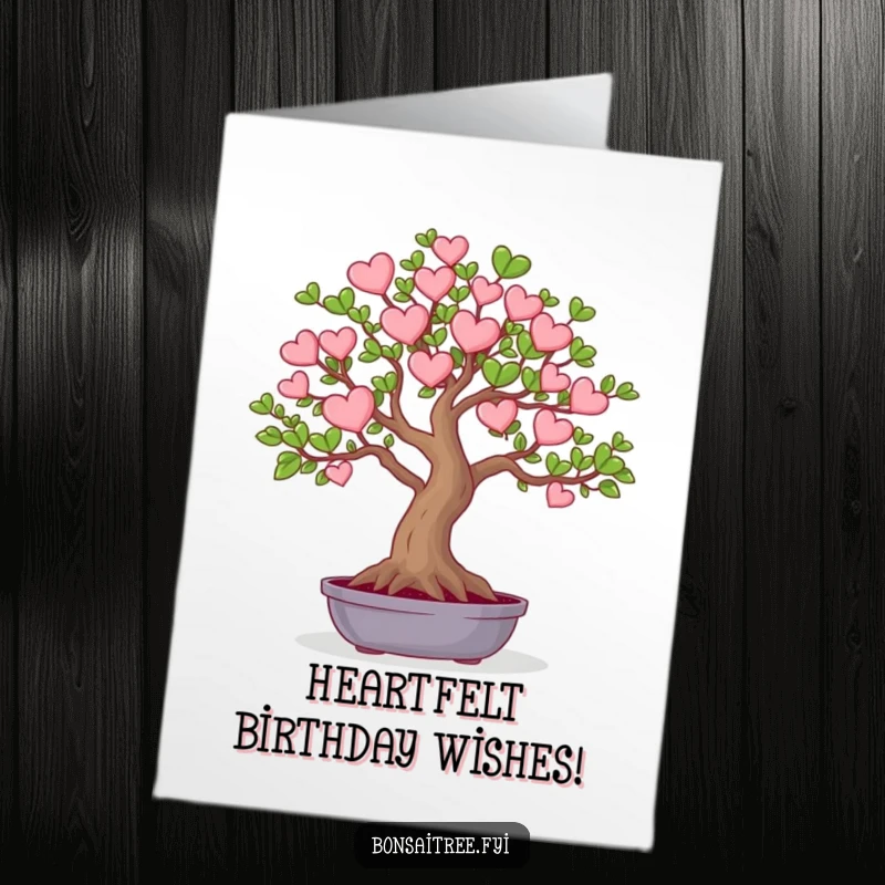 Funny Free Printable Birthday Card featuring a charming bonsai tree with leaves distinctly shaped like tiny red hearts.