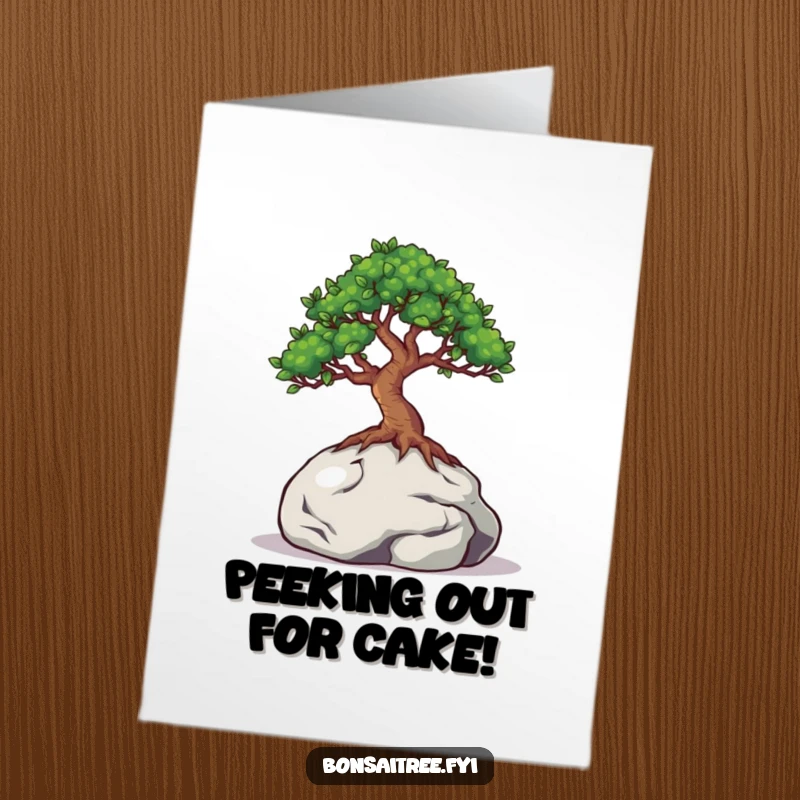 Funny Free Printable Birthday Card: A bonsai tree with wide eyes playfully peeks from behind a miniature rock, offering birthday wishes.