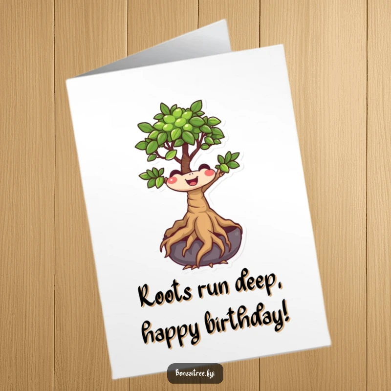 Funny Free Printable Happy Birthday Card featuring a tiny smiling bonsai tree character with its roots wiggling joyfully.