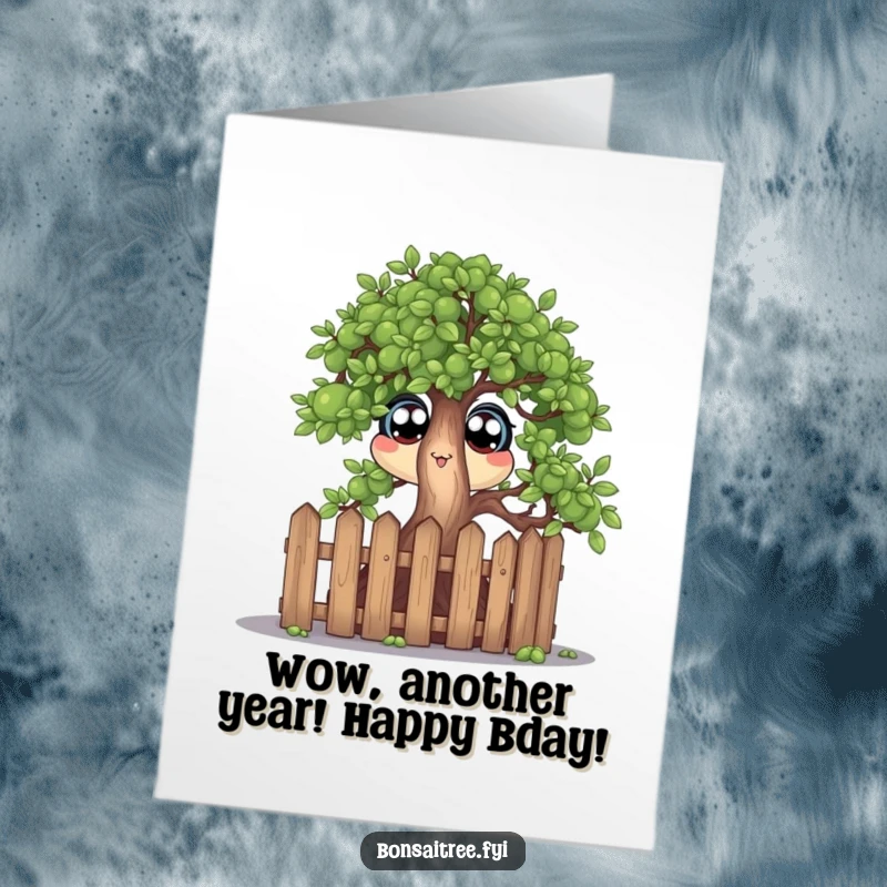 Funny Free Printable Birthday Card: A bonsai tree peeking over a tiny fence with big, curious eyes.
