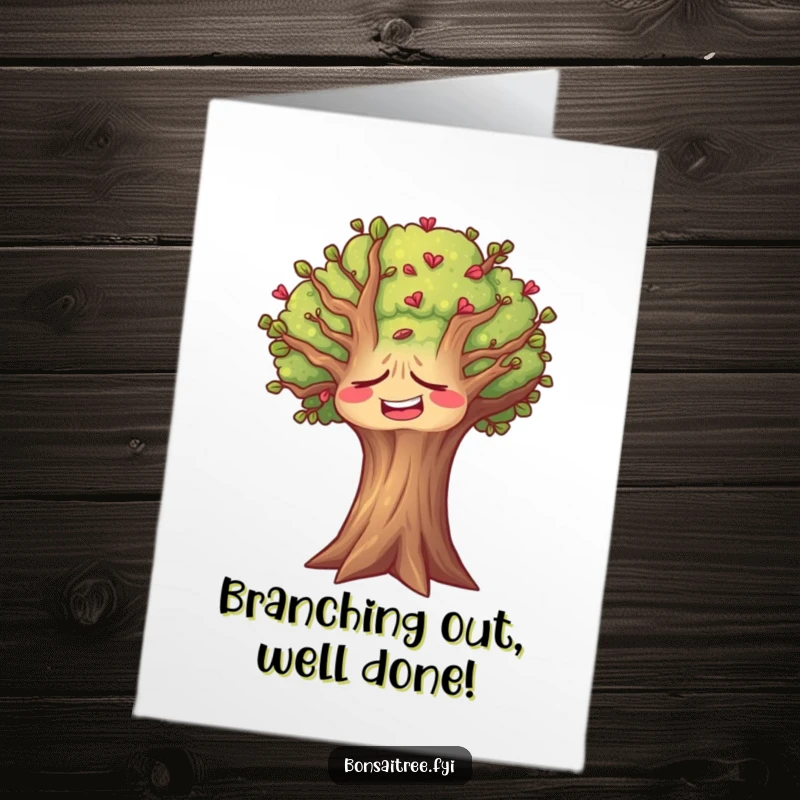 Funny free printable congratulations card: A comical tree face contorted in silent laughter, celebrating achievements with overwhelming, humorous joy.