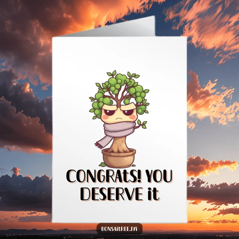 Free Printable grumpy bonsai tree offering a reluctant nod on a congratulations card.