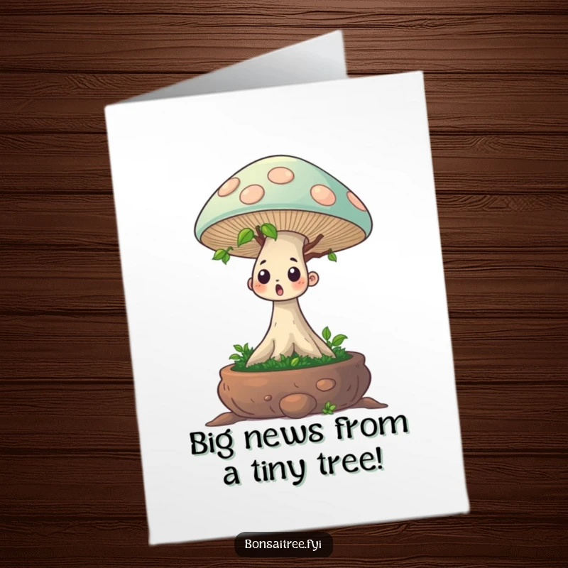 Funny Free Printable Congrats Card: Surprised bonsai tree sprouts a giant mushroom, celebrating unexpected successes with humor.