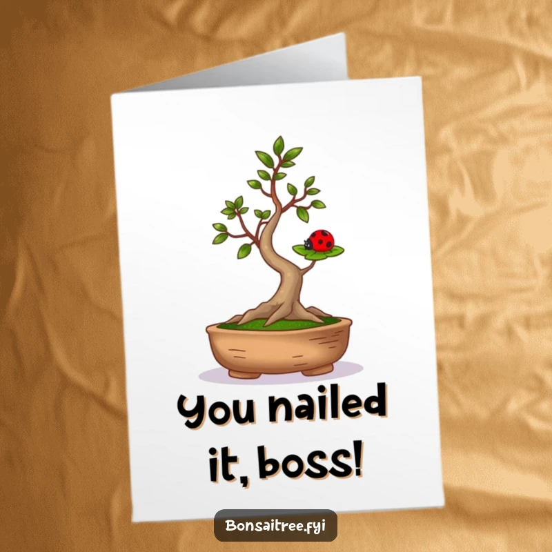 Funny Free Printable Congratulations Card: A bonsai tree arms wide balances a ladybug on a leaf, symbolizing a great achievement.